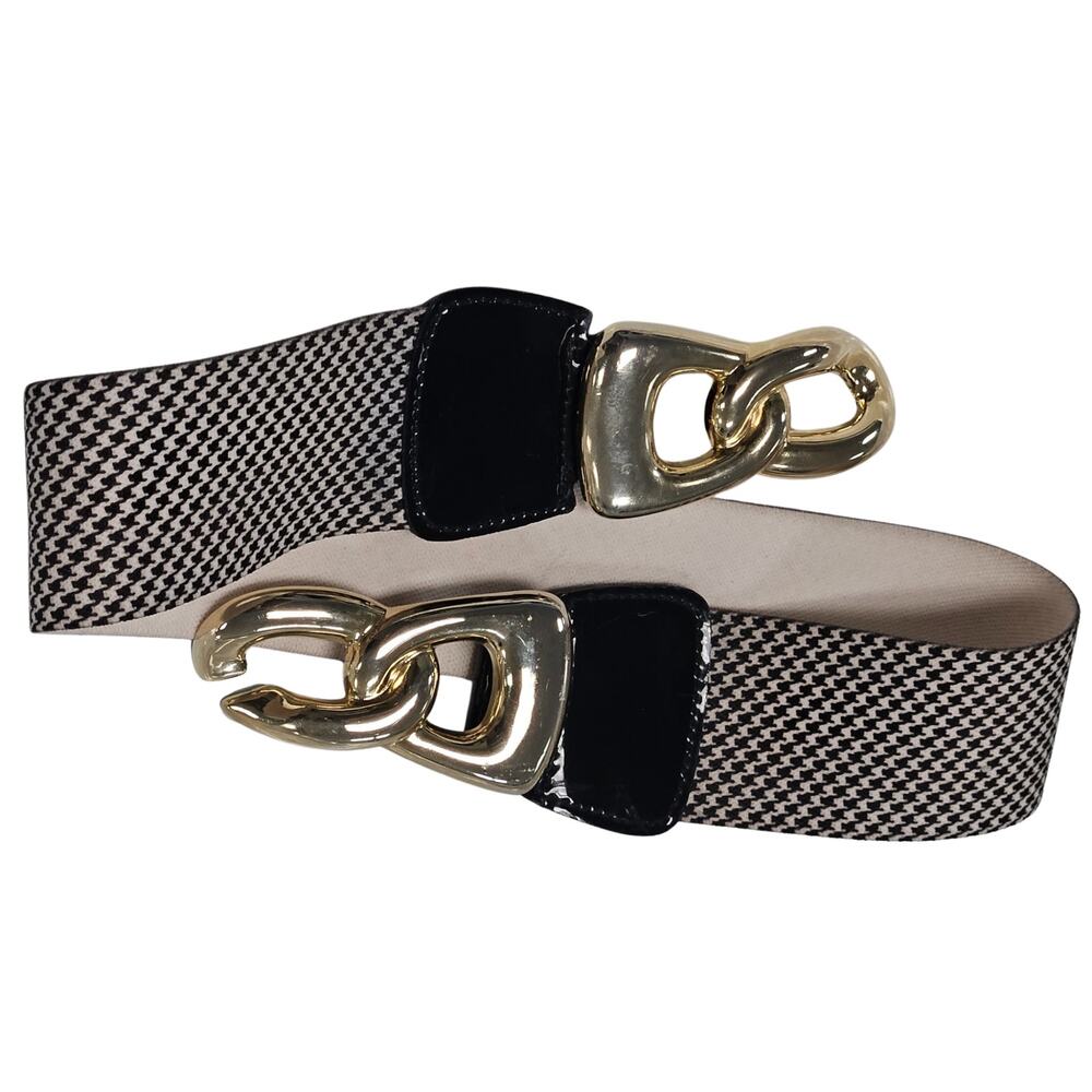 1980s Houndstooth Elastic High Waisted Belt Gold Chunky Buckle Patent Leather Sm
